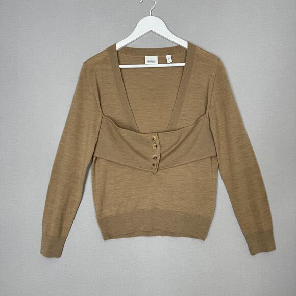 Burberry Sweater Womens Medium Brown Merino Wool Deep V Neck Layered Overlay - Picture 1 of 16